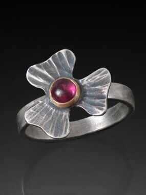 Sterling Silver 925, 14k Gold, and Rhodolite Garnet Ring, Size 8 1/4.